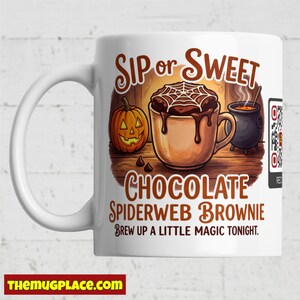 Taza con receta de Halloween - Taza de café con brownie de telaraña de chocolate para disfrutar de un sorbo o un dulce - Decoración de cocina otoñal - Regalo para amantes de los postres de la temporada de Halloween