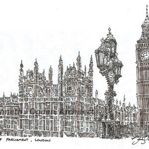 Reino Unido-1 Casas del Parlamento, Londres Inglaterra. Juego de 8 tarjetas de notas con sobres