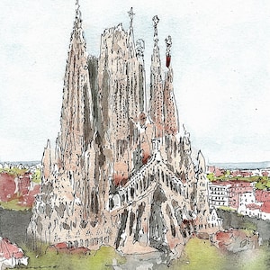 S-wc10 Watercolor La Sagrada Familia, Barcelona, Spain, Set of 8 notecards with envelopes
