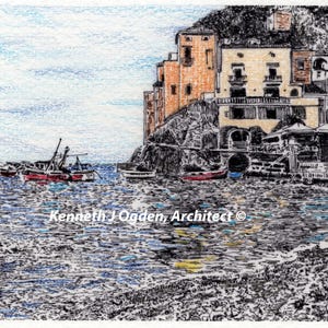 Puede incluir: Un dibujo a lápiz en blanco y negro de un pueblo italiano colorido con barcos en el agua. El texto "Kenneth J Ogden, Architect ©" está en la parte inferior de la imagen.