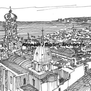 May include: Black and white ink drawing of a cityscape with a large church in the foreground. The church has a tall tower with a dome and a smaller tower with a spire. The cityscape is in the background and includes many buildings with roofs.
