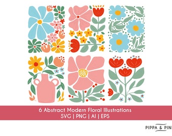 Paquete de imágenes SVG y PNG de flores abstractas / Diseño de camisetas con flores / Flores retro / Flores boho en formato SVG / Estilo hippie / Imágenes prediseñadas florales boho / Flores con estilo groovy