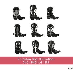 Cowboy-Stiefel SVG-Bundle | Western SVG Designs | Cowgirl Boot PNG eps ai Schnittdateien | Sublimationsdruck | 9 Cowgirl Boot Designs | Cricut Silhouette