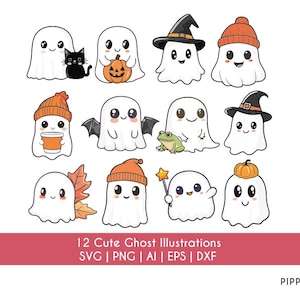 May include: Twelve cute ghost illustrations in various poses, including a ghost holding a pumpkin, a ghost wearing a witch's hat, and a ghost holding a cup of coffee. The ghosts are all white with black eyes and mouths. The illustrations are perfect for Halloween crafts and decorations.