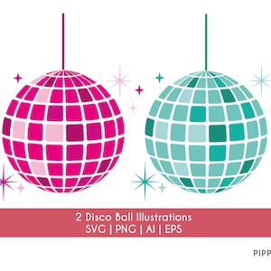 May include: Two disco ball illustrations, one pink and one teal blue. Both are round and have a grid pattern. The illustrations are isolated on a white background.