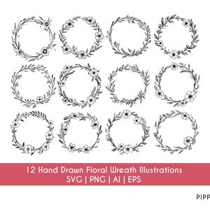 Coronas florales dibujadas a mano / Descargable en formato SVG, AI, EPS / Grabado láser o Cricut