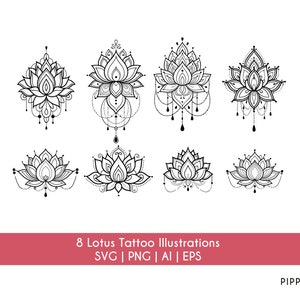Lot SVG Lotus | Lotus Mandala SVG eps ai pn | Conception de tatouage de lotus céleste boho fleur de lotus | Téléchargement instantané | Clipart bohème