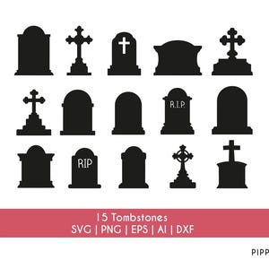 Grafstenen SVG-bundel | Grafsteen kerkhof RIP Halloween Svg | 15 afbeeldingen PNG Svg Dxf Eps Ai | Cricut silhouet lasersnijbestanden