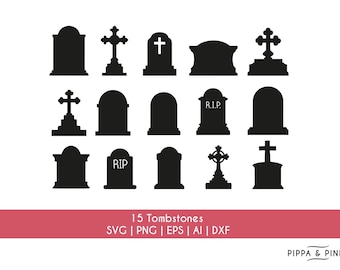 Tombstones SVG Bundle | Gravestone Graveyard RIP Halloween Svg | 15 Images PNG Svg Dxf Eps Ai | Cricut Silhouette Laser Cutting Files