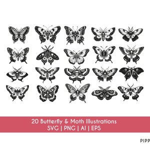 Hand-Drawn Moth and Butterfly Vector Bundle | Downloadable in SVG, AI, EPS & png Format | Laser Engraving or Cricut
