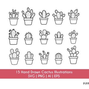 Lot de cactus SVG dessinés à la main | 15 modèles de cactus en pot | Clipart Cactus Png AI Eps | porte-clés, t-shirt, décoration | Fichier de coupe Cricut Silhouette