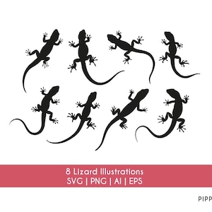 Puede incluir: Ocho ilustraciones de siluetas negras de lagartos en varias poses. Los lagartos están mirando en diferentes direcciones y tienen colas largas. Las ilustraciones están sobre un fondo blanco.