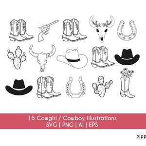 Cowboy-Stiefel und Hut SVG Bundle | Cowgirl Stiefel SVG AI png eps | Floral Boots Westernstiefel Rodeo Ranch Schädel Kaktus | Sofort Download