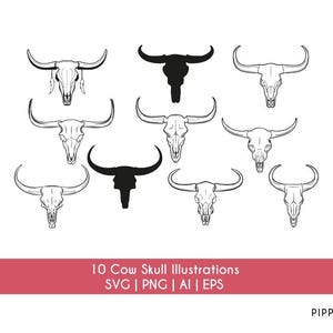 Cow Skull SVG Bundle | Longhorn Skull SVG | Desert Cow Skull PNG eps ai | Western Bull Skull | Cowboy Cut Files | Set of 10 Designs Clipart