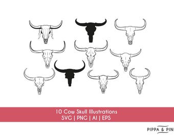 Cow Skull SVG Bundle | Longhorn Skull SVG | Desert Cow Skull PNG eps ai | Western Bull Skull | Cowboy Cut Files | Set of 10 Designs Clipart
