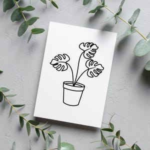 May include: Line drawing of a potted plant with three leaves. The plant is in a simple pot and the leaves are stylized.