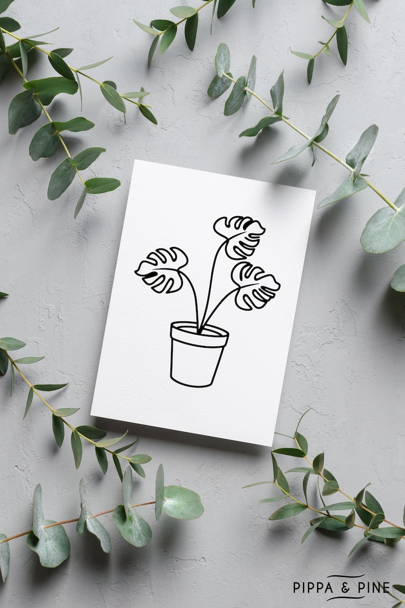 May include: Line drawing of a potted plant with three leaves. The plant is in a simple pot and the leaves are stylized.