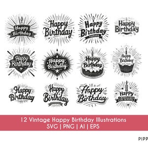 ビンテージ スタイルのレタープレス ハッピー バースデー ベクター バンドル | SVG、AI、EPS、png 形式でダウンロード可能 | レーザー彫刻または Cricut