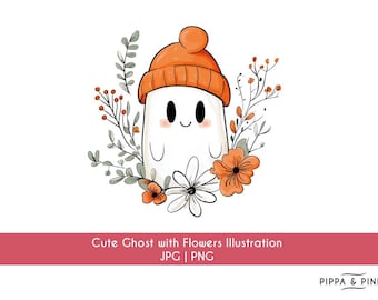 Fantôme dessiné main avec bonnet orange et fleurs pour sublimation | Halloween PNG JPG | Art de la saison effrayante | T-shirt d'automne pour enfant