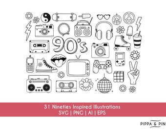 Jaren 90 SVG-bundel | Jaren 90 feestclipart | Retro 90's Vibes Y2K-nostalgie | Jaren 90 SVG PNG ai eps | Cricut silhouet gesneden bestand | Ontwerpen uit de jaren 90
