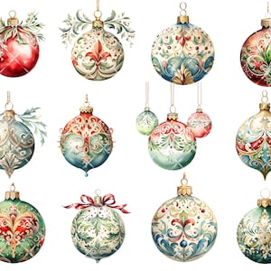 Christmas Ornament Watercolor Clipart - Christmas PNG Instant Download | Commercial Use Christmas Graphics