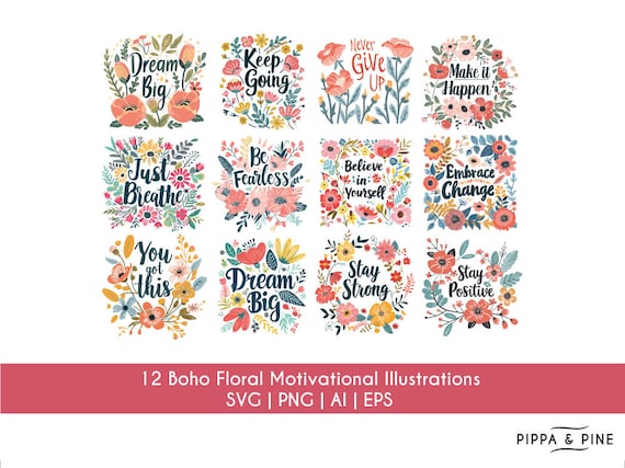 12 Boho Floral Motivational PNG Bundle | Self Love Kindness & Positive Affirmations | Motivational Quotes | Self Care Sublimation | EPS SVG