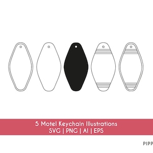 May include: Five black and white outline illustrations of motel keychains. The keychains are shaped like a traditional motel key. The illustrations are for digital download and can be used for crafting, scrapbooking, or other creative projects.