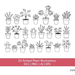 Paquete de plantas SVG / Plantas de interior dibujadas a mano en macetas / Clipart de plantas / Archivo de corte de plantas de descarga digital / Silueta de Cricut / AI Eps Png