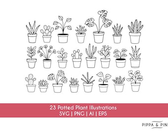 Plants SVG Bundle | Houseplant Hand Drawn Potted Plants | Plant Clipart | Digital Download Plants Cut File | Cricut Silhouette | AI Eps Png