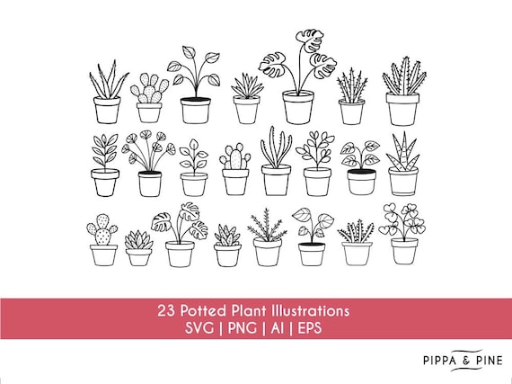 Plants SVG Bundle | Houseplant Hand Drawn Potted Plants | Plant Clipart | Digital Download Plants Cut File | Cricut Silhouette | AI Eps Png