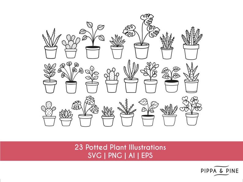May include: A set of 23 black and white illustrations of potted plants. The plants are drawn in a simple, doodle-style and include a variety of species, such as succulents, cacti, and ferns. The illustrations are perfect for use in crafting projects, scrapbooking, or digital design.