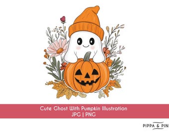 Sublimation fantôme mignon | Fantôme dessiné main avec bonnet tenant une citrouille | fond de fleurs | Halloween PNG JPG | Art de la saison fantasmagorique