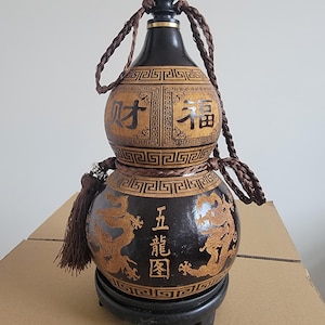 Mythical Five Dragons Gourd Bottle - Handmade Chinese Dragon Art Carving - Feng Shui Power Symbol for Whiskey, Sake & Gifts