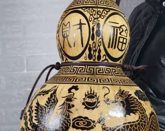 アンティークの龍鳳彫刻入りひょうたん – 中国風水筒、永遠の愛の象徴