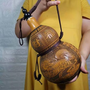 Sacred Qilin and Blessing Words Gourd - Handmade Carved Auspicious Symbol - Whiskey Sake Bottle for Fortune Ceremony & Gift