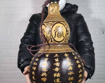 アンティークの龍鳳彫刻入りひょうたん – 中国風水筒、永遠の愛の象徴