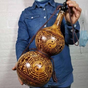 Antique Ba Gua Symbol Gourd - Yin Yang Harmony Engraved with Taoist Script - Unique Spiritual Alcohol Vessel & Heirloom