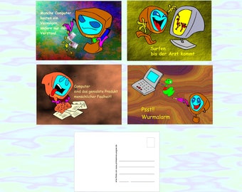 Postcard set with brisk sayings, comic