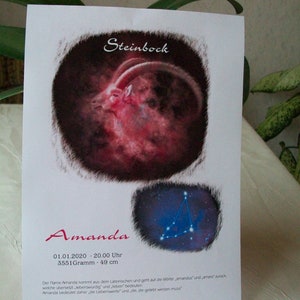 Steinbock Sternzeichen, Namenskarte, Poster, personalisiert, zum Beispiel als Taufgeschenk