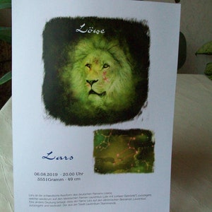 Sternzeichen Löwe, Namenskarte, Poster, personalisiert, zum Beispiel als Taufgeschenk