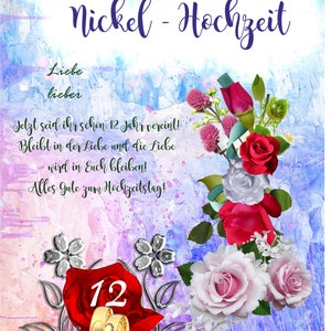 Tarjeta de aniversario de boda, felicitaciones de níquel - boda, 12º aniversario de boda - como tarjeta personalizada