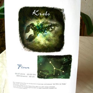 Sternzeichen Krebs, Namenskarte, Poster, personalisiert, zum Beispiel als Taufgeschenk