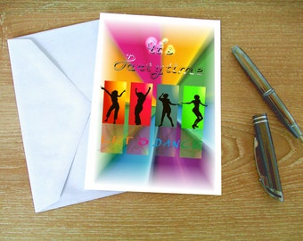 May include: A colorful card with the text "It's Party Time" and "Let's Dance". The card features four silhouettes of people dancing against a background of colorful stripes.