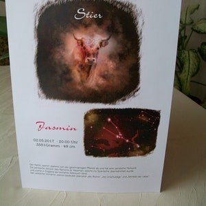 Sternzeichen Stier, Namenskarte, Poster, personalisiert, zum Beispiel als Taufgeschenk