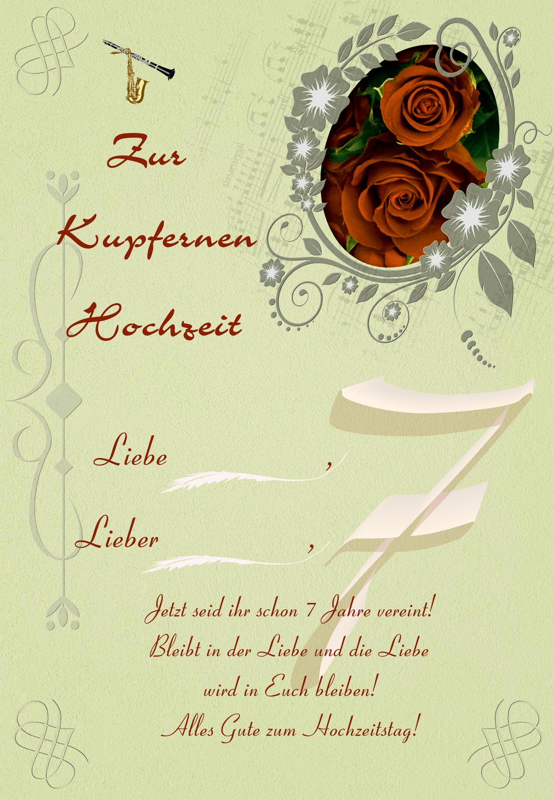 7. Hochzeitstag Karte - Stahlgravur Mit Romantischem Text