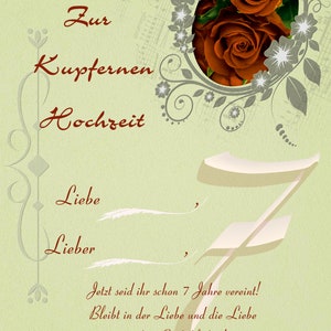 Karte, Glückwünsche zur Kupfernen Hochzeit, 7. Hochzeitstag  - als personalisierten Ausdruck