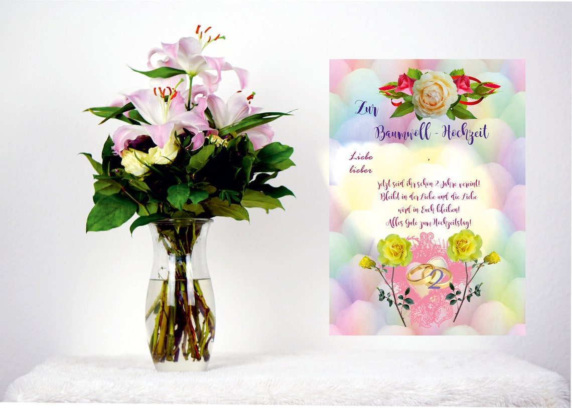 Karte Hochzeitstag, Glückwünsche Baumwoll Hochzeit, 2. Hochzeitstag
