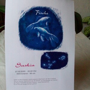 Tarjeta personalizada con el nombre del zodiaco Piscis, póster, por ejemplo, como regalo de bautizo, regalo de cumpleaños