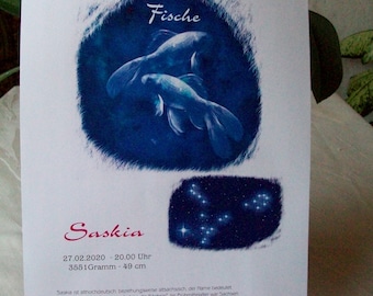 Personalized name card Pisces zodiac, poster, e.g. as a christening present, birthday present