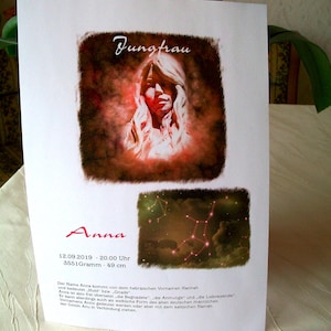 Sternzeichen Jungfrau, Namenskarte, Poster, personalisiert, zum Beispiel als Taufgeschenk